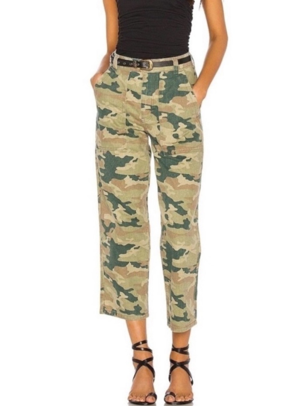 We The Free People Remy Camo Cropped pants moss green straight leg cotton